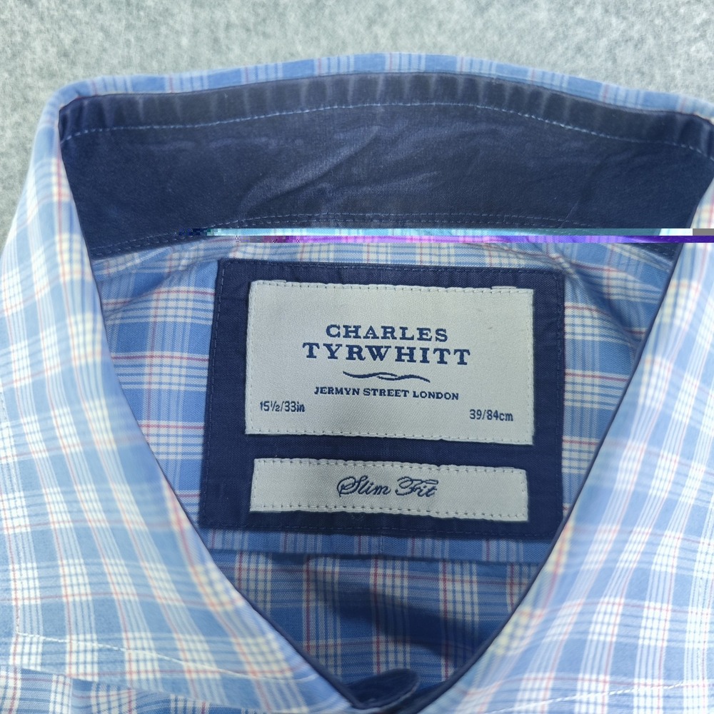 Charles Tyrwhitt Dress Shirt Men's 15.5 33 Slim Fit Blue Check Spread Collar - Picture 4 of 10